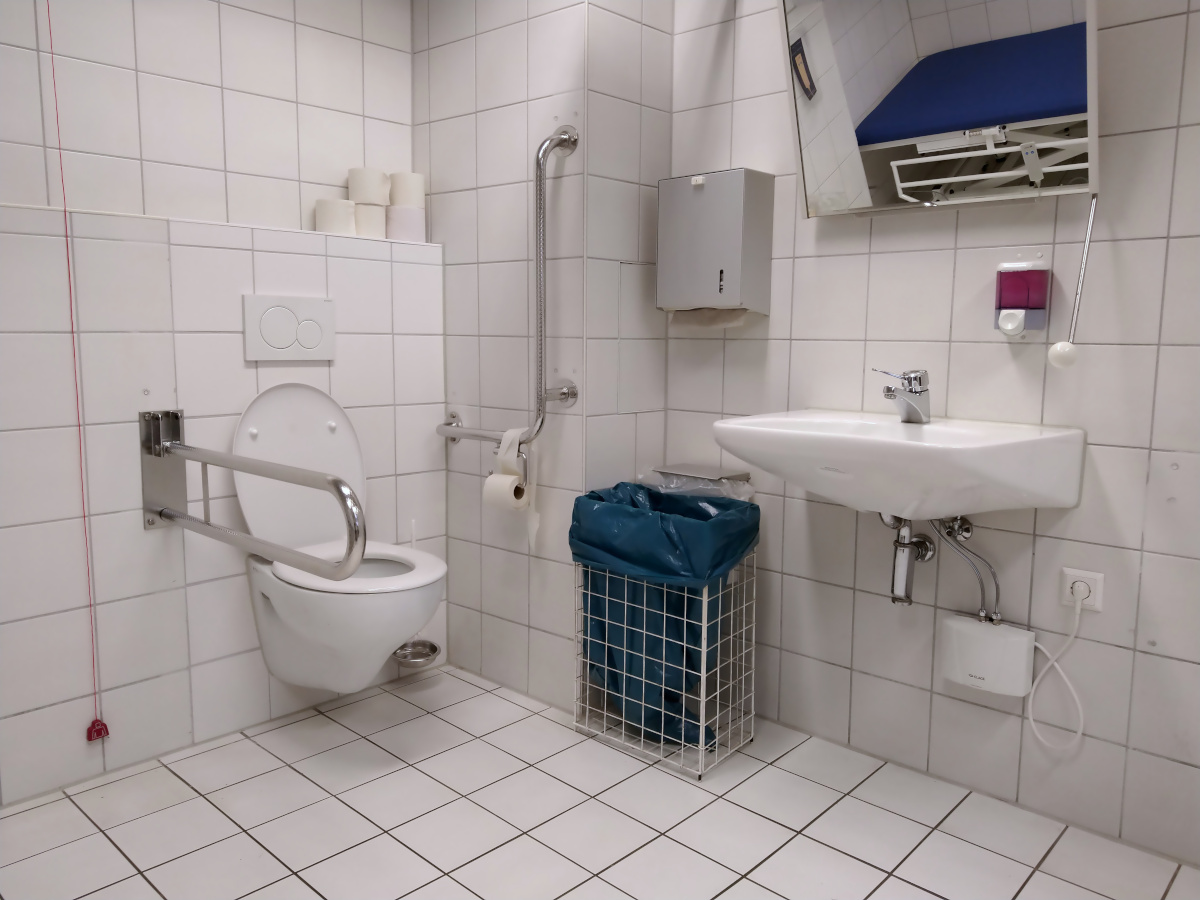 WC mit einem Klapp-Griff links und rechts ein Griff an der Wand. Das unterfahrbare Waschbecken hat einen Spiegel mit Kipp-Mechanismus.
