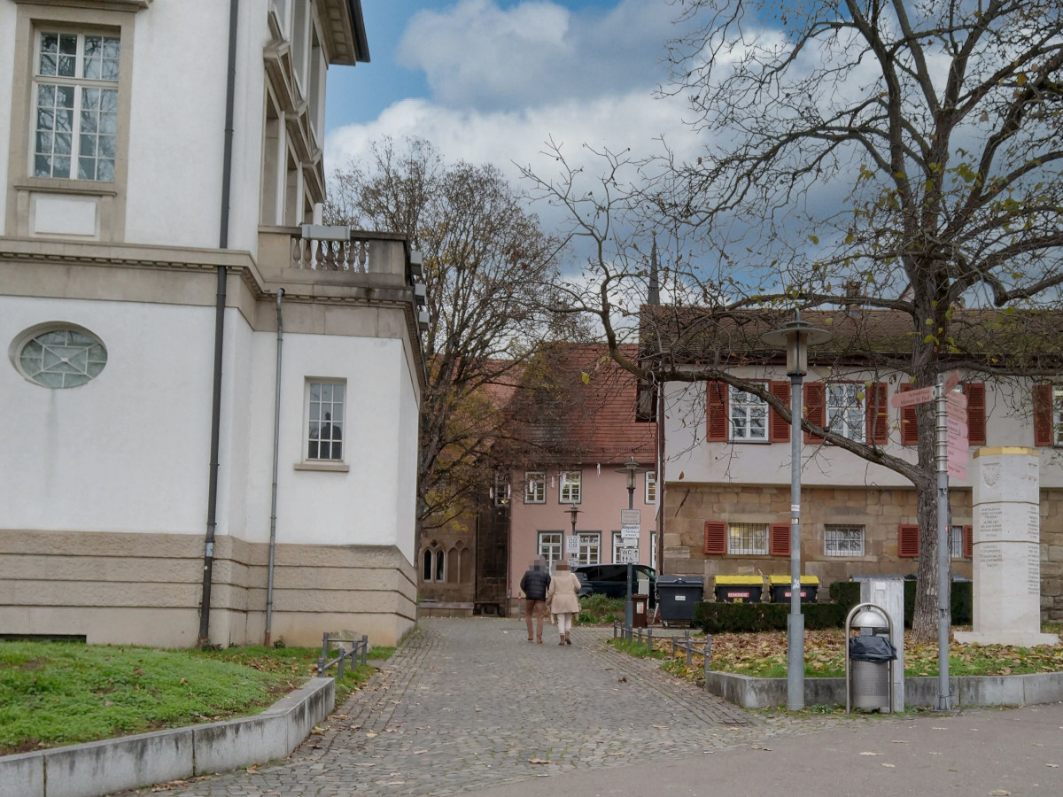 Weg mit Kopfsteinpflaster zwischen 2 historischen Häusern.