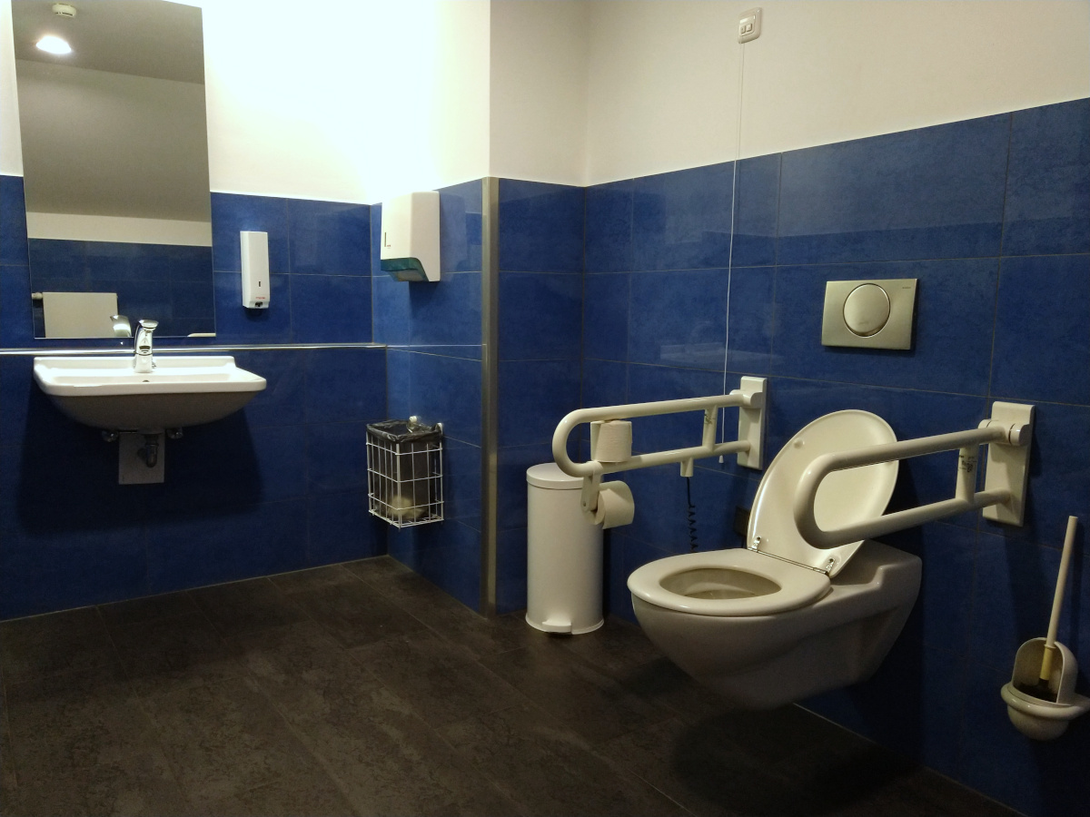 Behinderten-Toilette. Rechts eine Toilette mit 2 Stütz-Griffen. Links ein unter-fahr-bares Waschbecken.