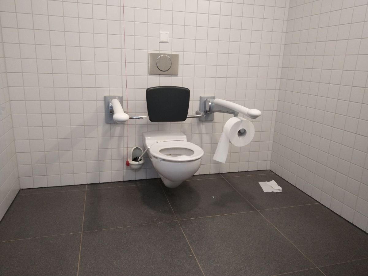 Behinderten-Toilette mit 2 Stütz-Griffen. Auf beiden Seiten von der Toilette Platz.