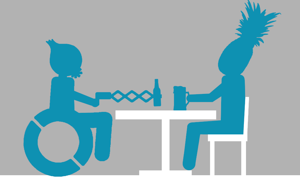 Piktogramm: Ein Rollstuhlfahrer mit Zwiebelkopf sitzt an einem Tisch. Gegenüber sitzt eine Person mit Ananaskopf auf einem Stuhl. Die rollstuhlnutzende Person hält einen Greifarm, mit dem sie eine daran befestigte Flasche an das Glas der gegenüber sitzenden Person anstößt.