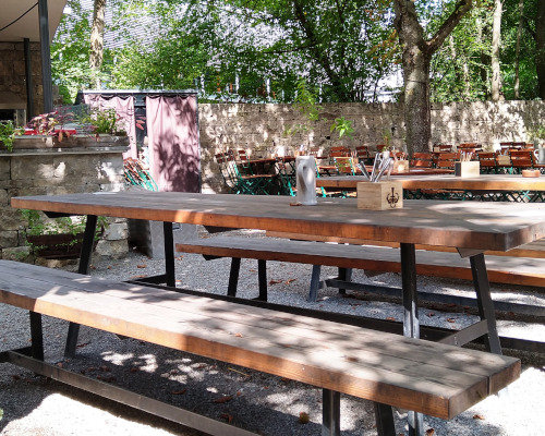 Blick in den Biergarten: mehrere Tische und Bänke im Schatten unter Bäumen (keine Menschen).