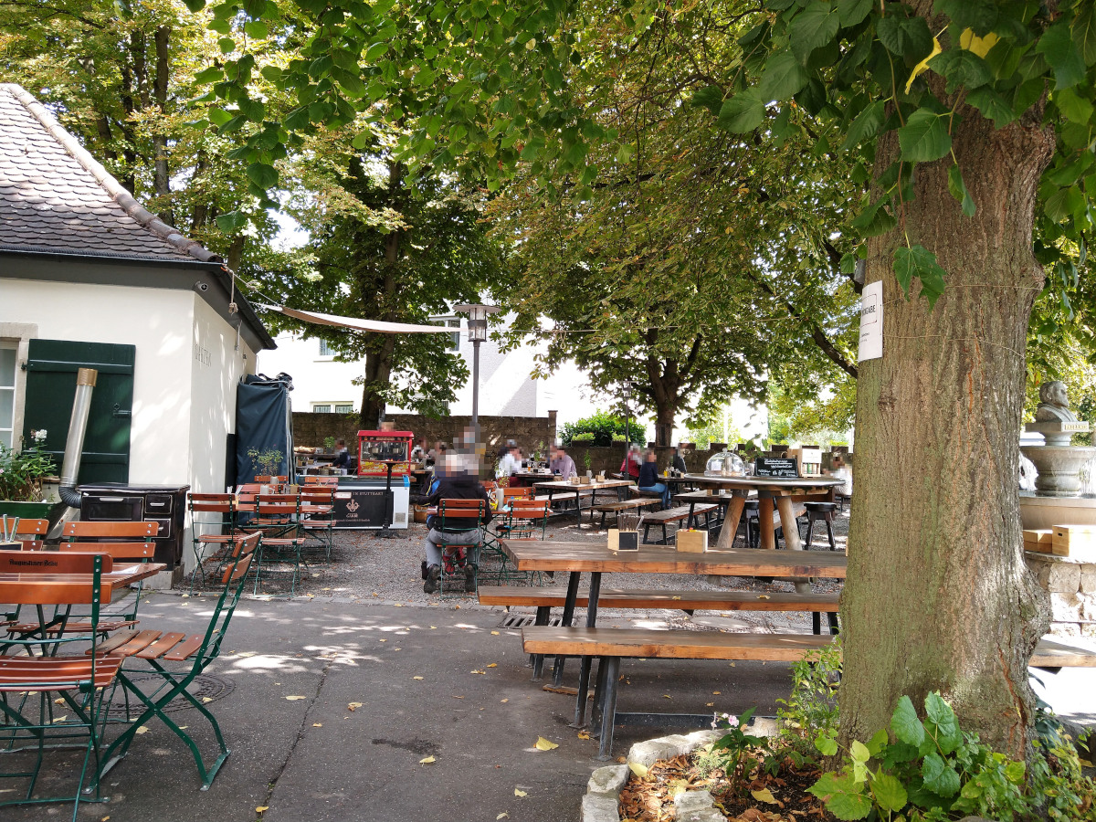 Blick in den Biergarten: mehrere Tische und Bänke sowie Tische mit Stühlen im Schatten unter Bäumen. Einige Gäste speisend im Hintergrund (verpixelt).