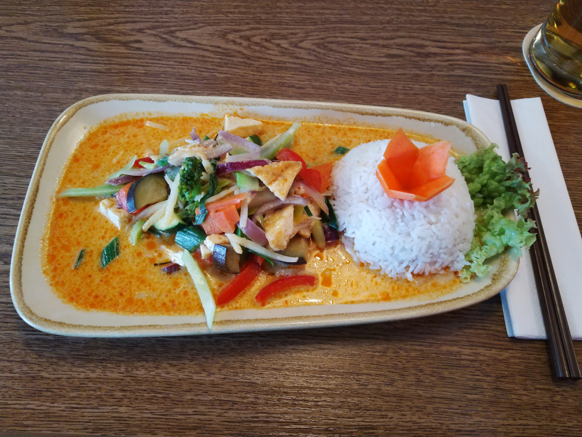 Länglicher Teller. Links Genüse-Curry mit Tofu. Rechts eine Portion Reis.