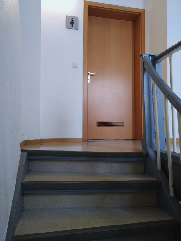 Treppenhaus mit Geländer auf der rechten Seite. Blick von den Stufen nach oben auf eine Tür mit einem Damentoiletten-Schild.