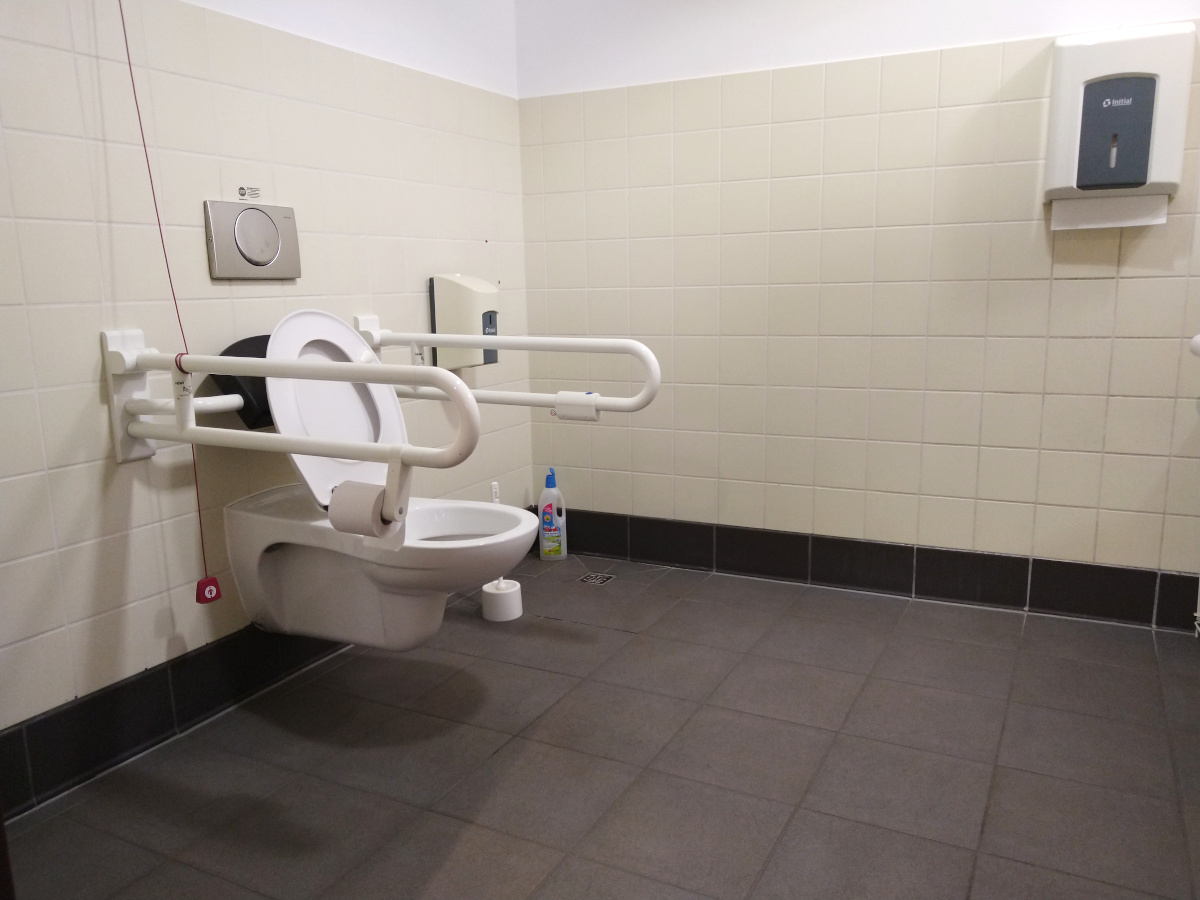 Behinderten-Toilette mit 2 Stütz-Griffen. Auf beiden Seiten von der Toilette Platz.