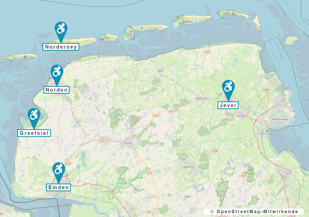 Karte von Ostfriesland, auf der die besuchten Orte markiert sind: Emden, Greetsiel, Norden, Norderney und Jever.