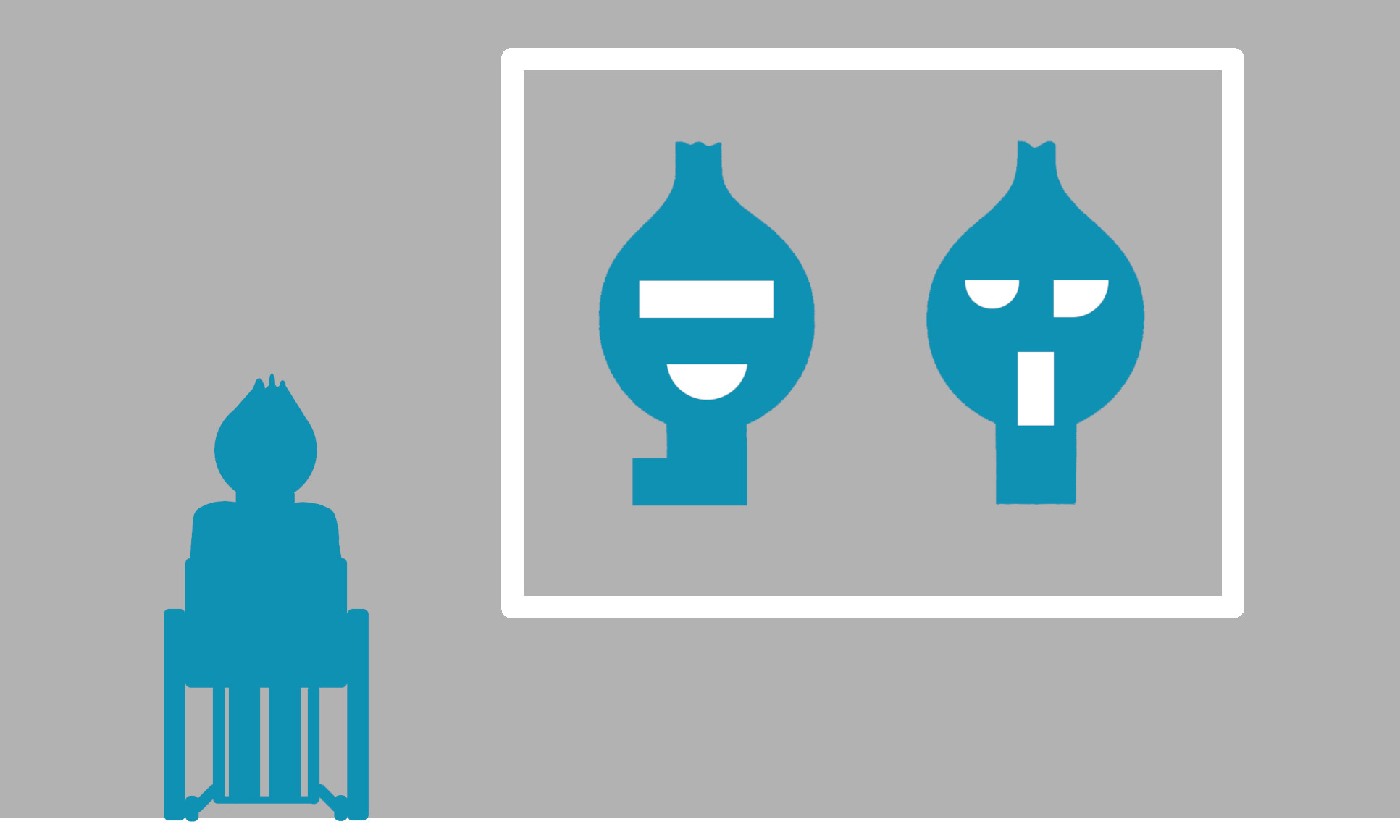 Piktogramm: Ein Rollstuhlfahrer mit Zwiebelkopf betrachtet ein Wandgemälde. Das minimalistische Gemälde zeigt zwei Zwiebelförmige Köpfe – einer lächelt, der andere wirkt erstaunt.