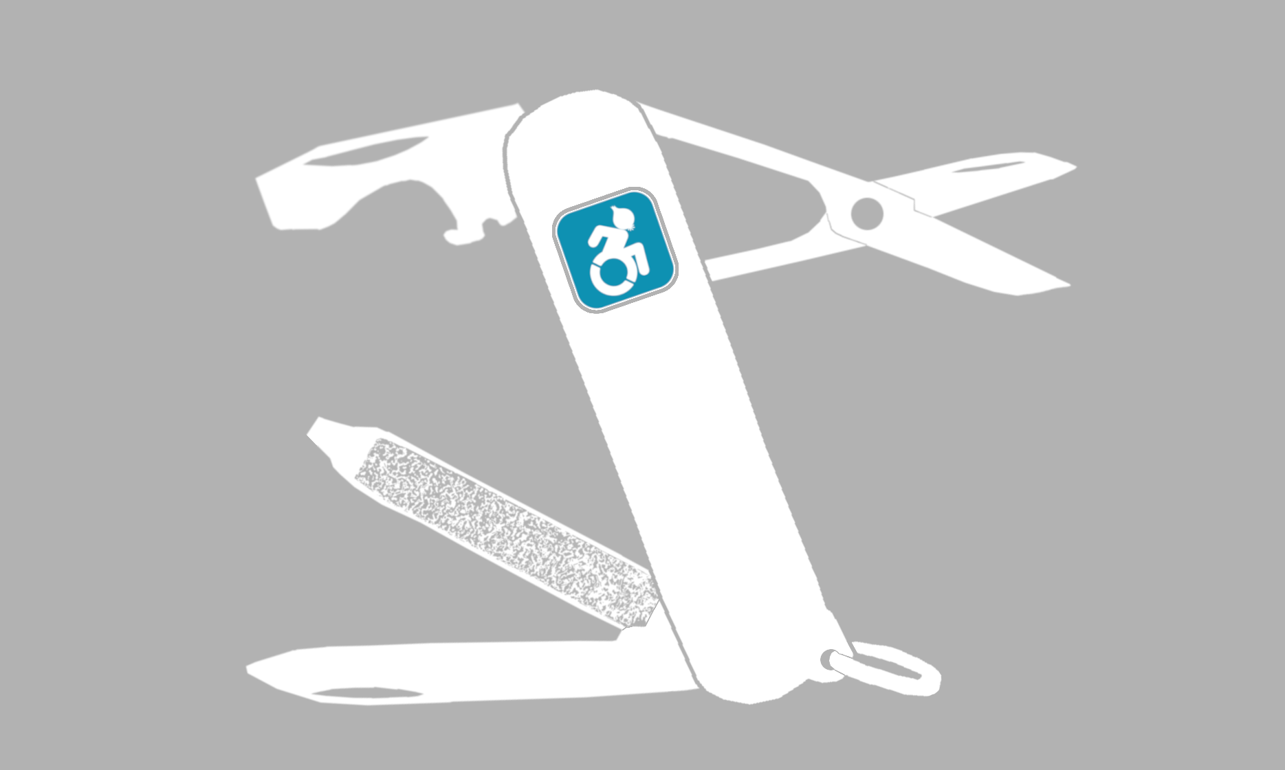 Umrisse eines Taschenmessers mit einem Piktogramm eines Rollstuhlfahrers als Logo auf dem Griff, wobei der Kopf durch eine Zwiebel dargestellt wird.