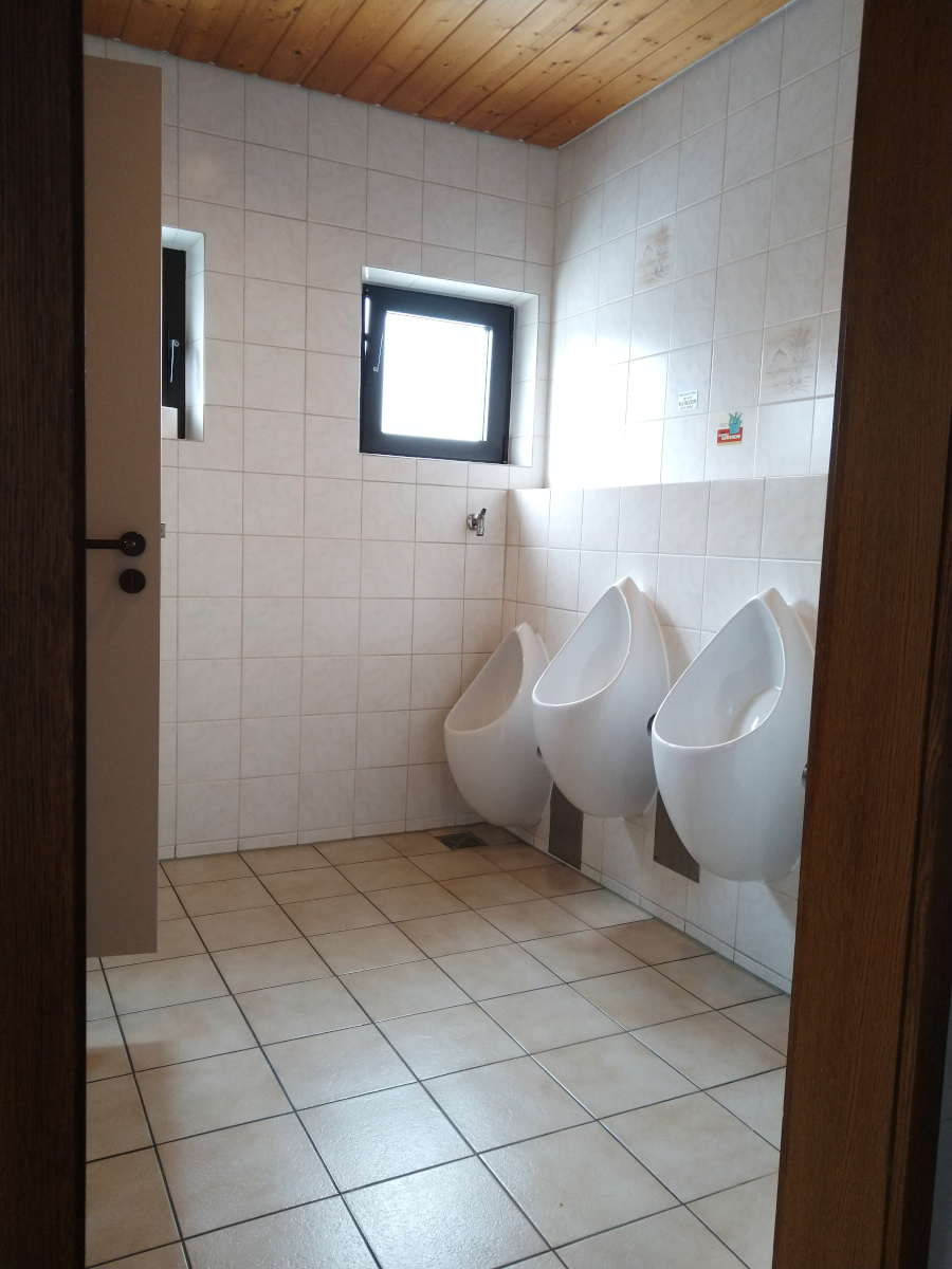 Herren-Toilette mit 2 WC-Kabinen und 4 Pissoirs.