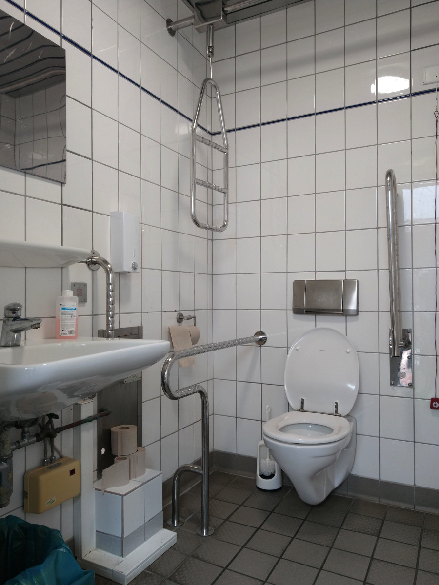 Beengte Behinderten-Toilette: Links ein Waschbecken. An der hinteren Wand eine Toilette mit einem Klapp-Griff auf der rechten Seite.