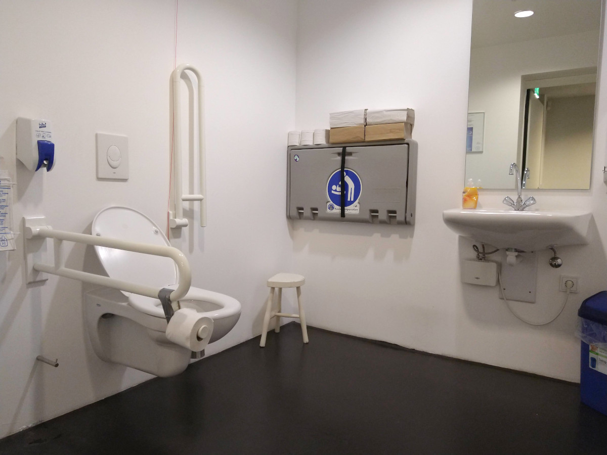 Die Behinderten-Toilette hat 2 klappbare Stützgriffe und ist von beiden Seiten anfahrbar. Es gibt ein unterfahrbares Wasch-Becken.
