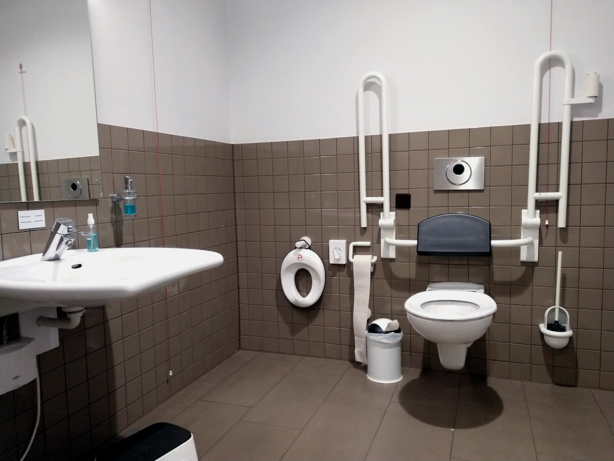 Links: unterfahrbares Waschbecken. Rechts: Toilette mit 2 Klapp-Griffen und Rücken-Lehne.