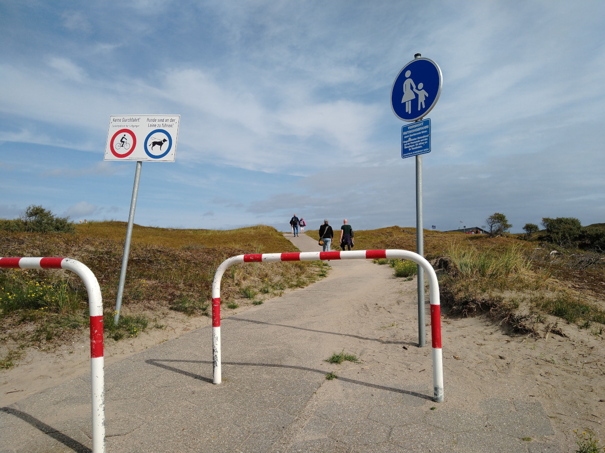 Asphaltierter Weg, der über eine Düne führt. Am Beginn vom Weg eine Absperrung, damit Fahrrad-Fahrer absteigen müssen. Links ein Schild mit "Fahrrad fahren verboten" und "Hunde an der Leine führen".