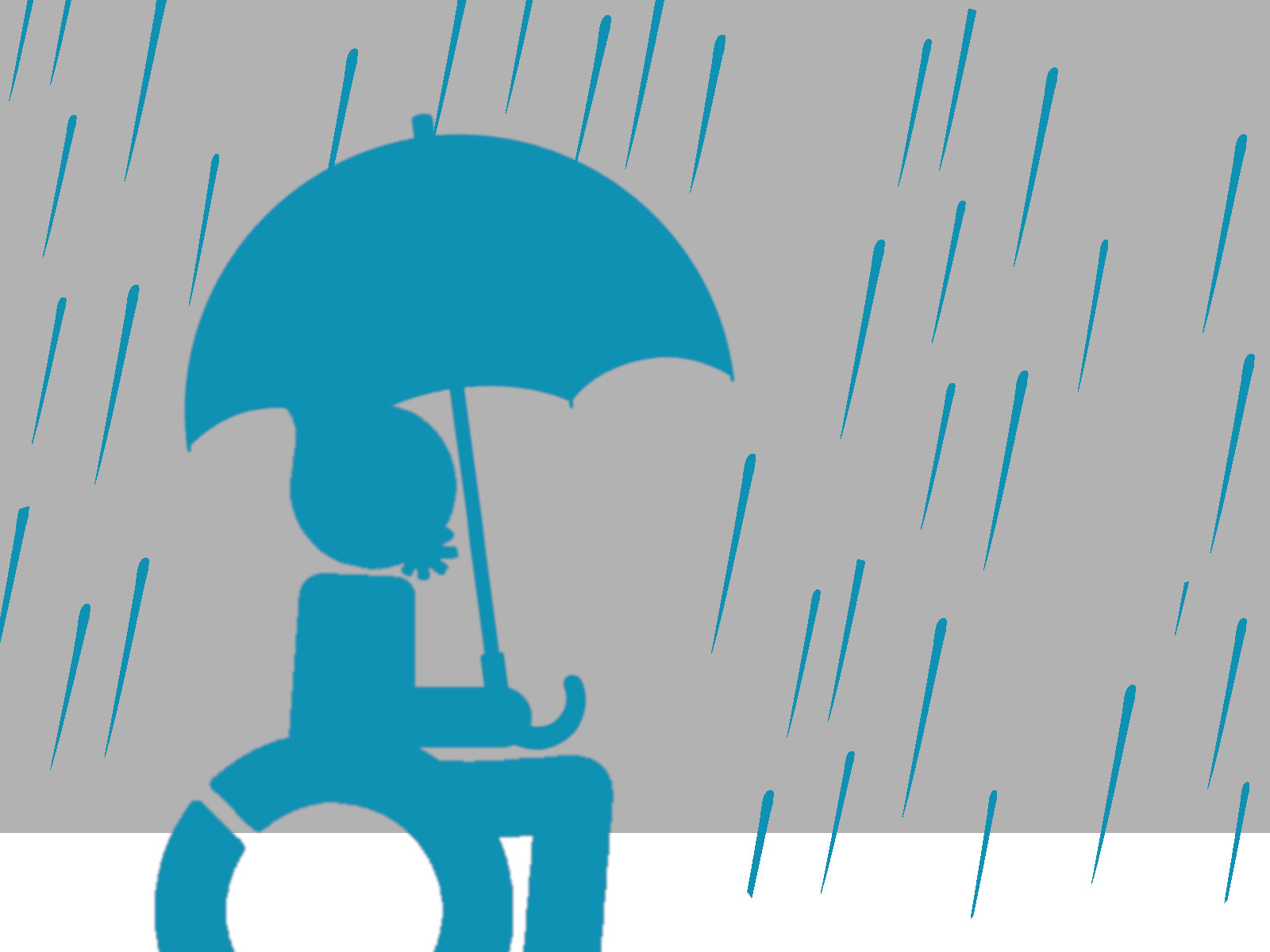 Maskottchen im Rollstuhl mit Regenschirm bei Regen