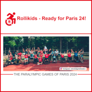 Schriftzug: Rollikids - Ready for Paris 24!. Darunter ein Gruppenbild der Rollikids.