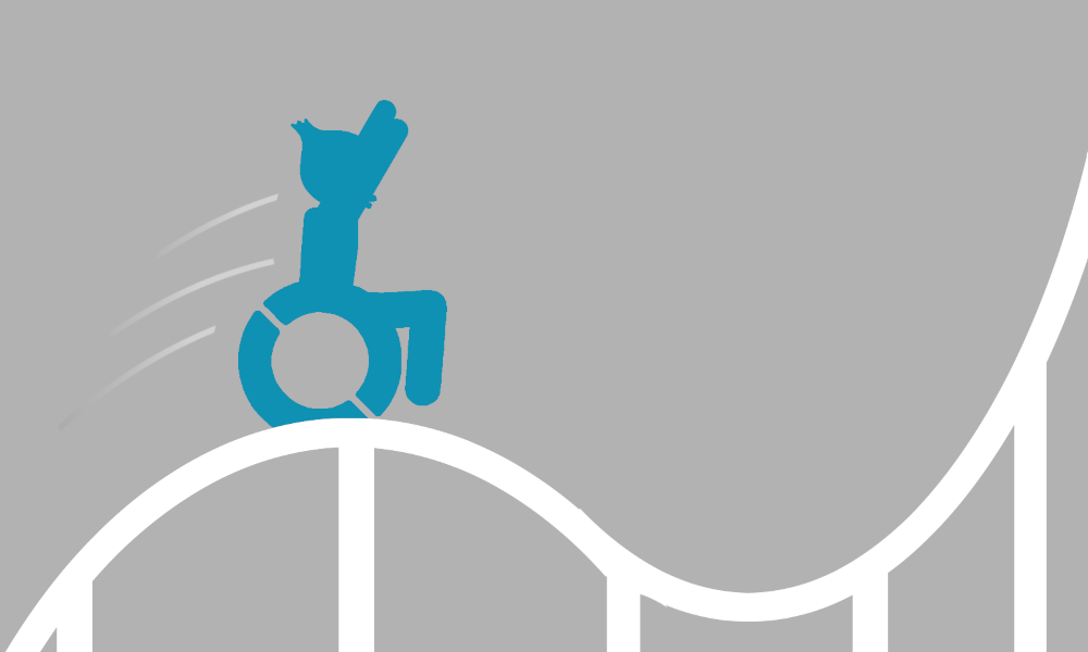 Piktogramm: Ein Rollstuhlfahrer mit Zwiebelkopf fährt auf Achterbahnschienen und streckt dabei die Hände in die Höhe.