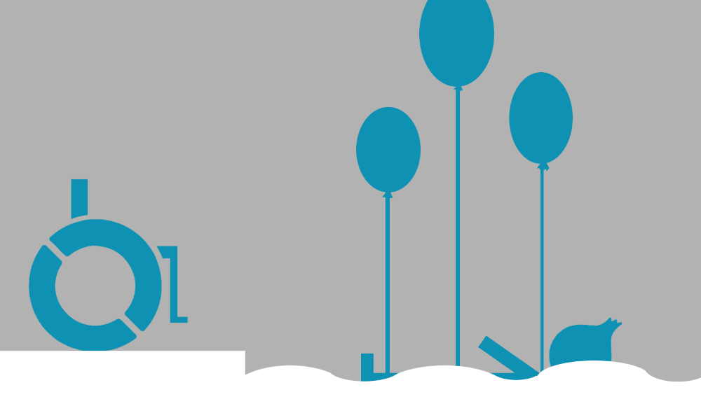 m: Eine menschliche Figur mit Zwiebelkopf schwimmt rückwärts im Wasser und wird von drei Luftballons an Schnüren über der Oberfläche gehalten. Am Ufer steht ein Rollstuhl.