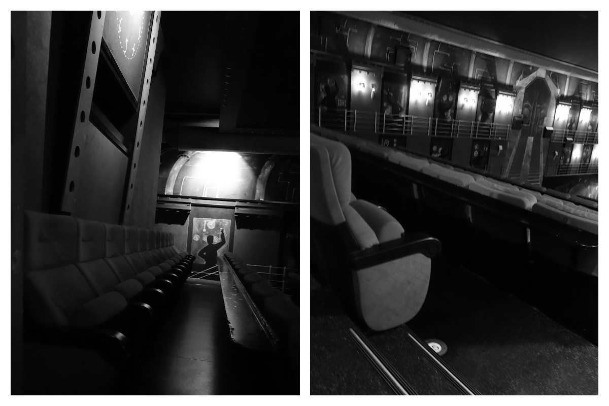 Der Kinosaal Metropolis: linkes Bild: Gang der ersten Sitzreihe; rechtes Bild: Stufen zur zweiten Sitzreihe